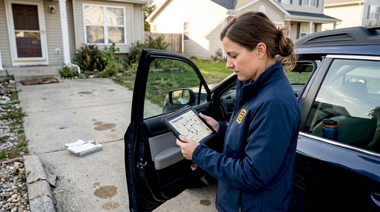 Inspector reviews route on tablet in driveway