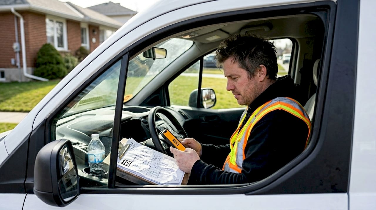 Technician reviews mobile route in service van