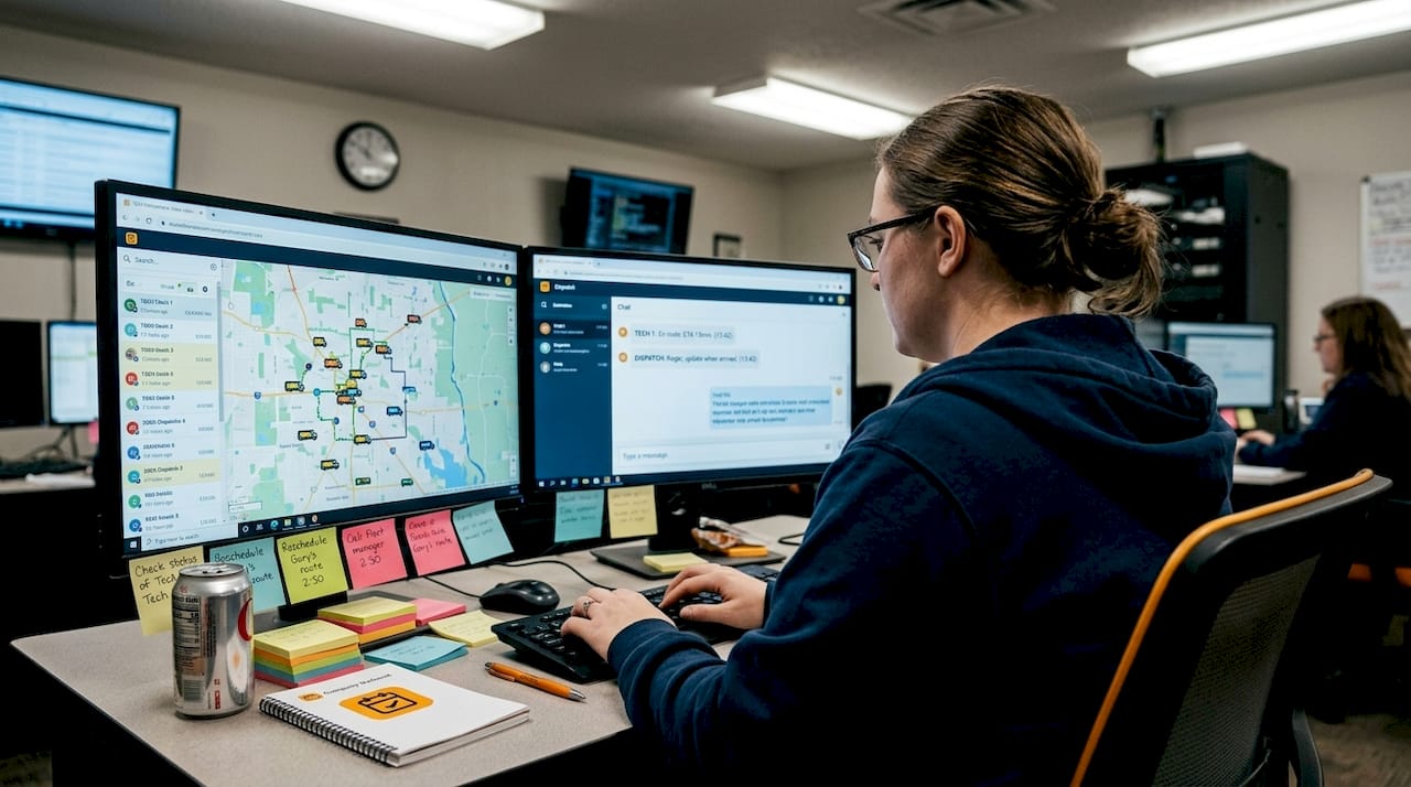 Dispatcher rerouting sewer techs on dual screens