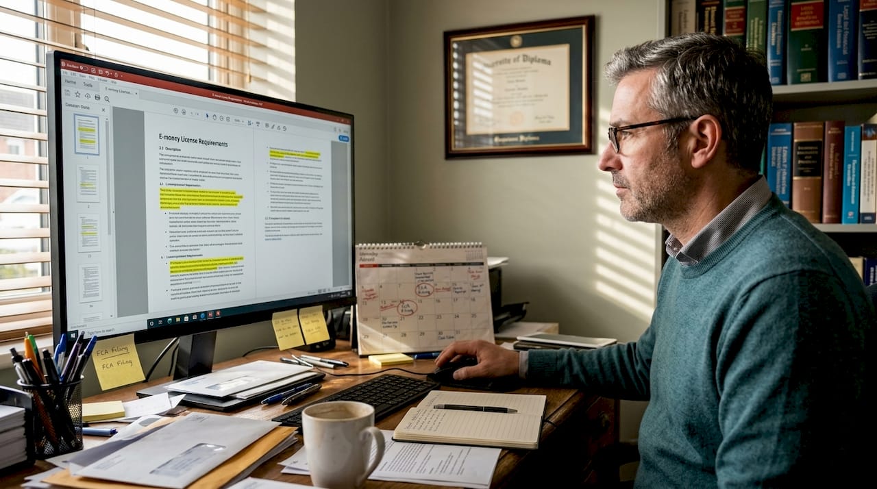 Compliance manager reviewing e-money license requirements