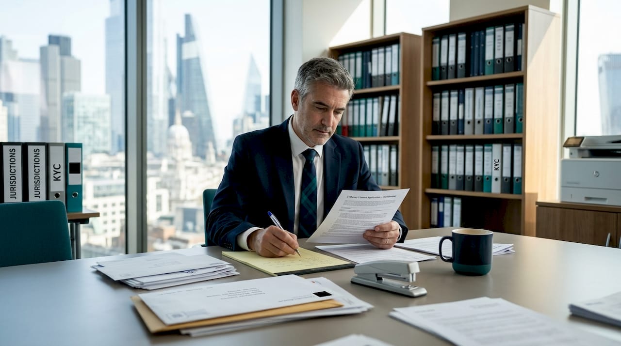 Compliance officer reviewing e-money paperwork