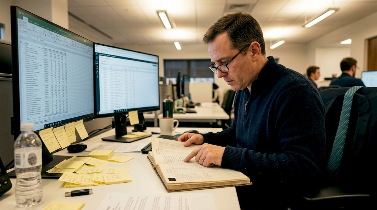 Auditor checks audit trail with ledger and monitor