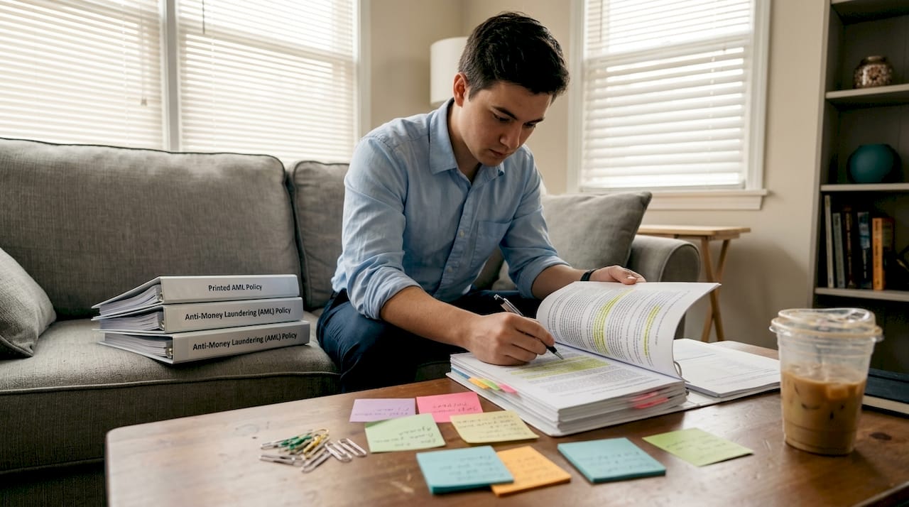 Analyst prepares due diligence documents at home