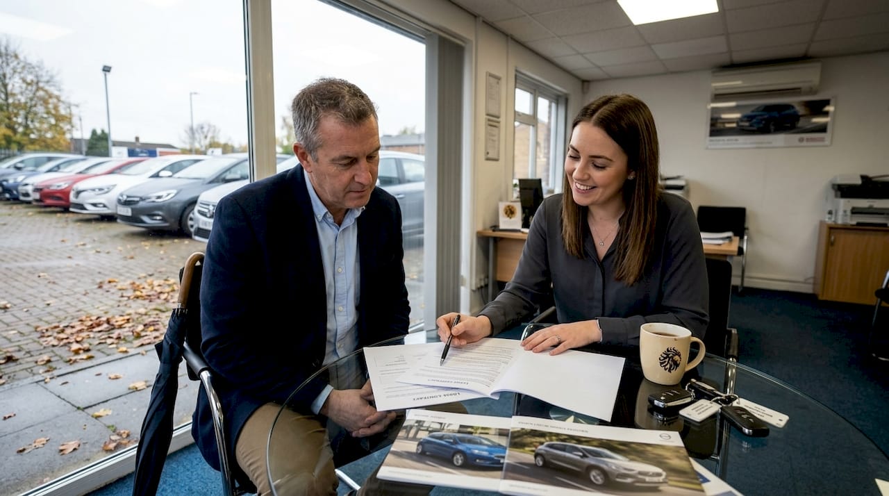 Client and consultant discussing car lease contract