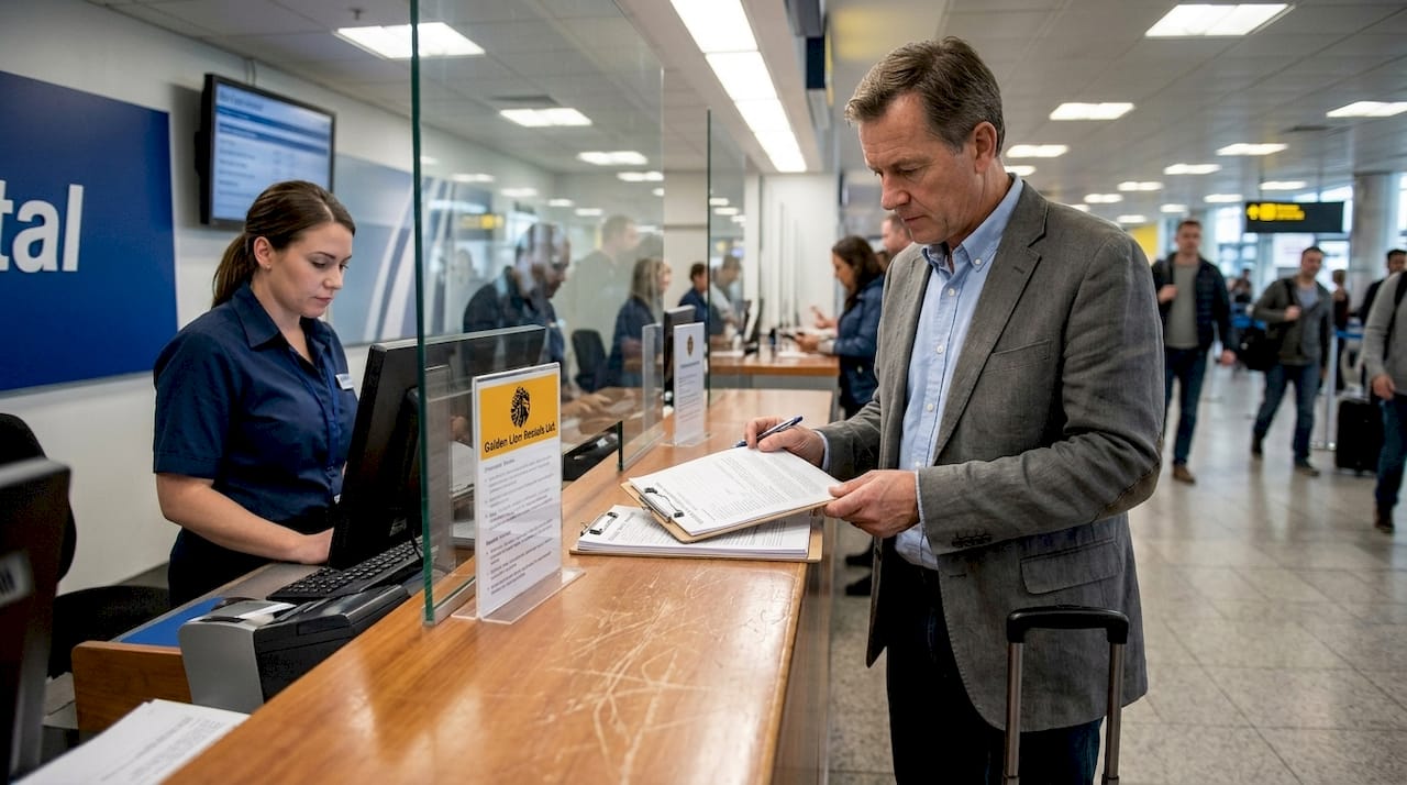 Business traveler at airport car rental counter