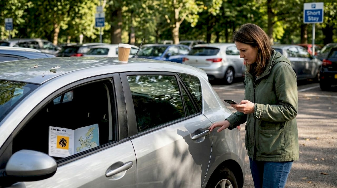 Woman inspects rental car before handover