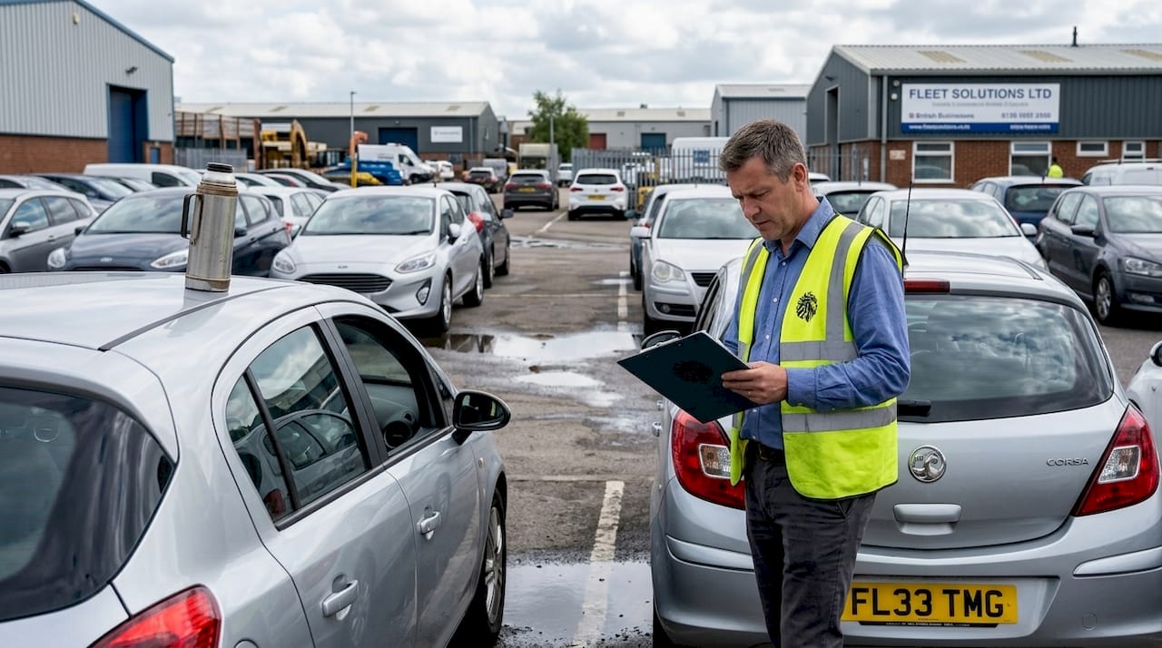 Fleet manager inspects company vehicles in lot