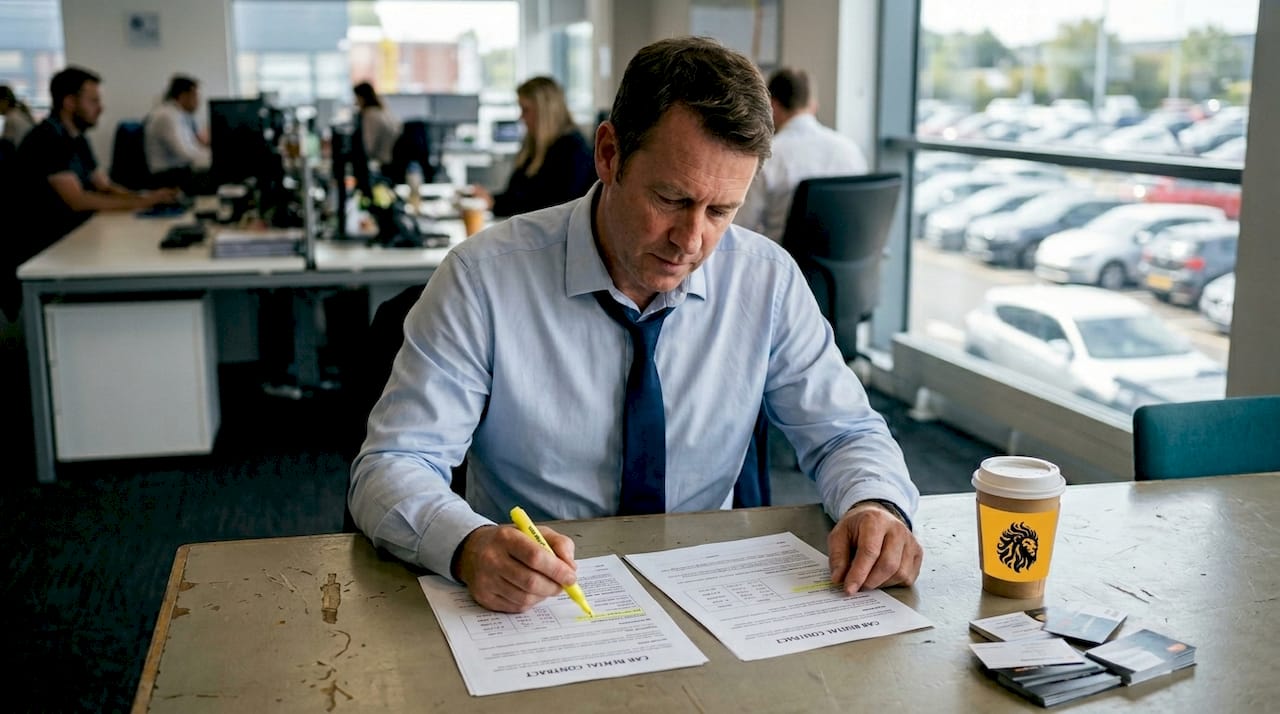Office worker reviewing car rental contracts