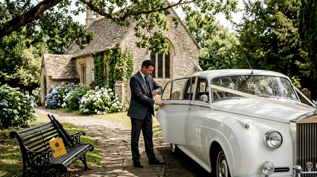 Chauffeur opens vintage Rolls-Royce at church