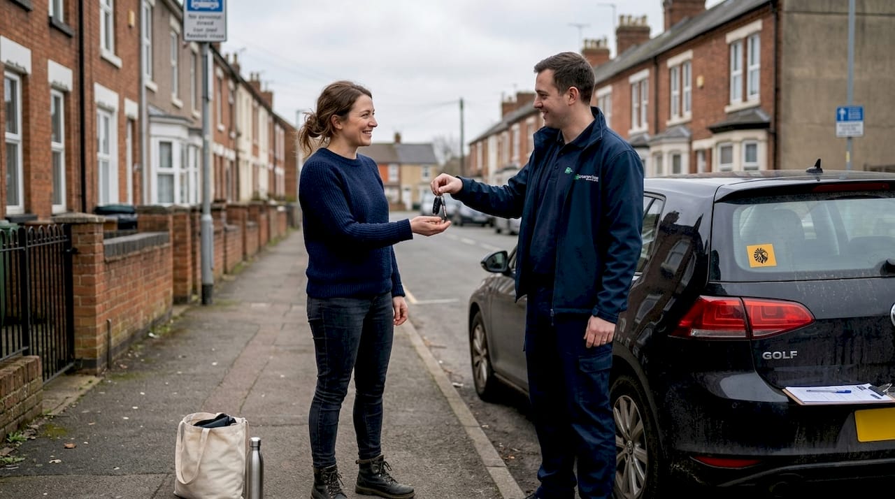 Rental agent handing car keys to customer curbside