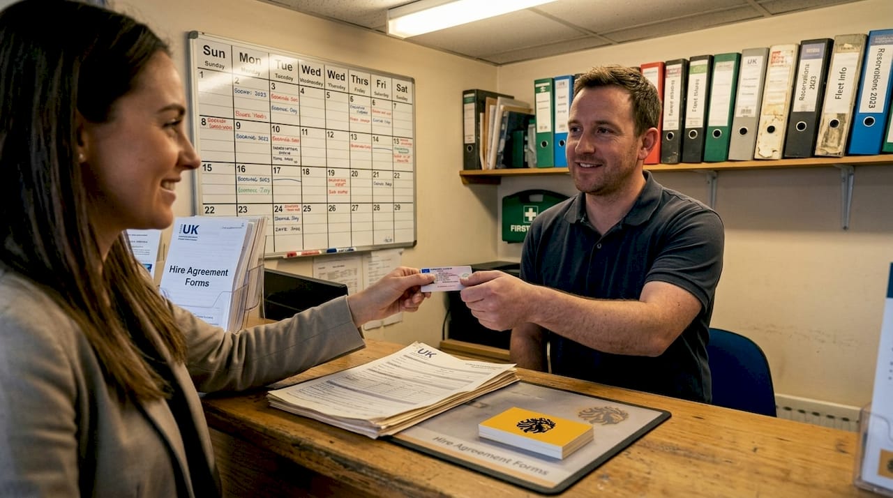 Customer handing licence at car hire counter