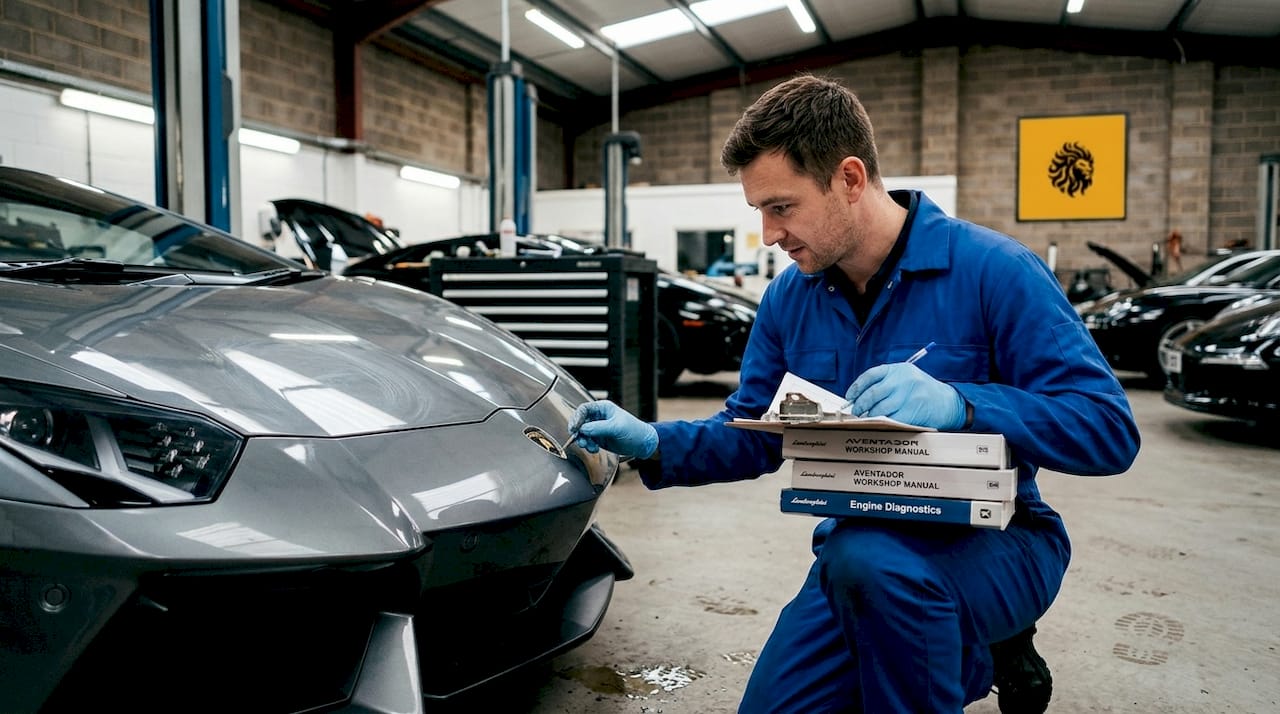 Mechanic inspects Lamborghini in workshop