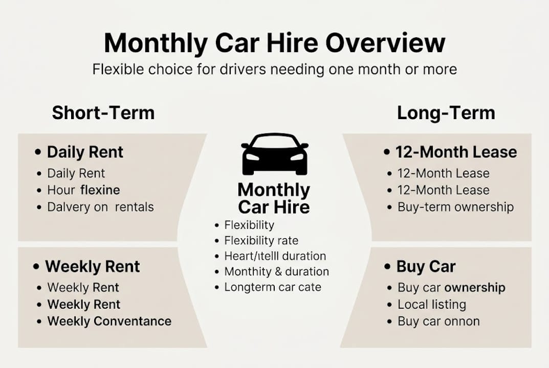 Infographic comparing short, monthly, and long-term car hire