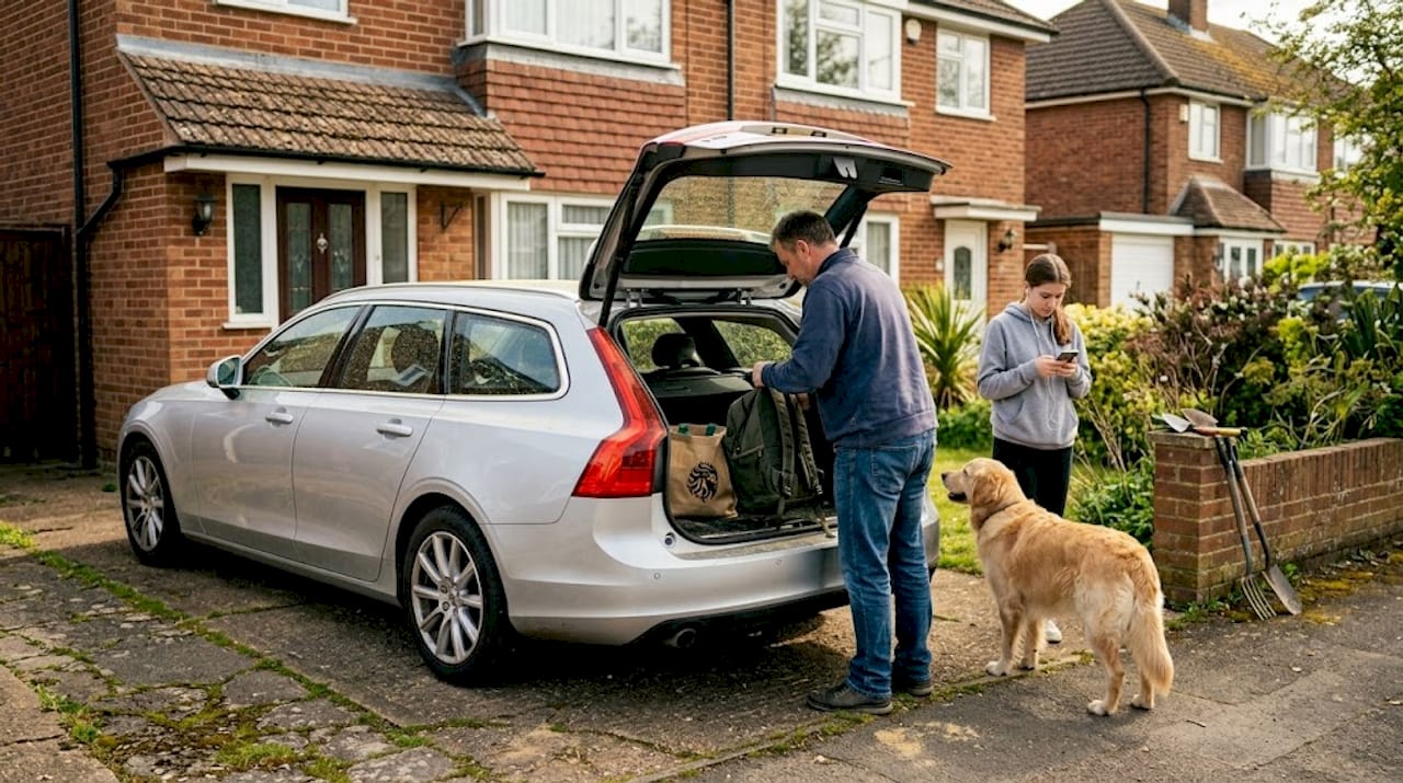 Family loading items into rental car at home