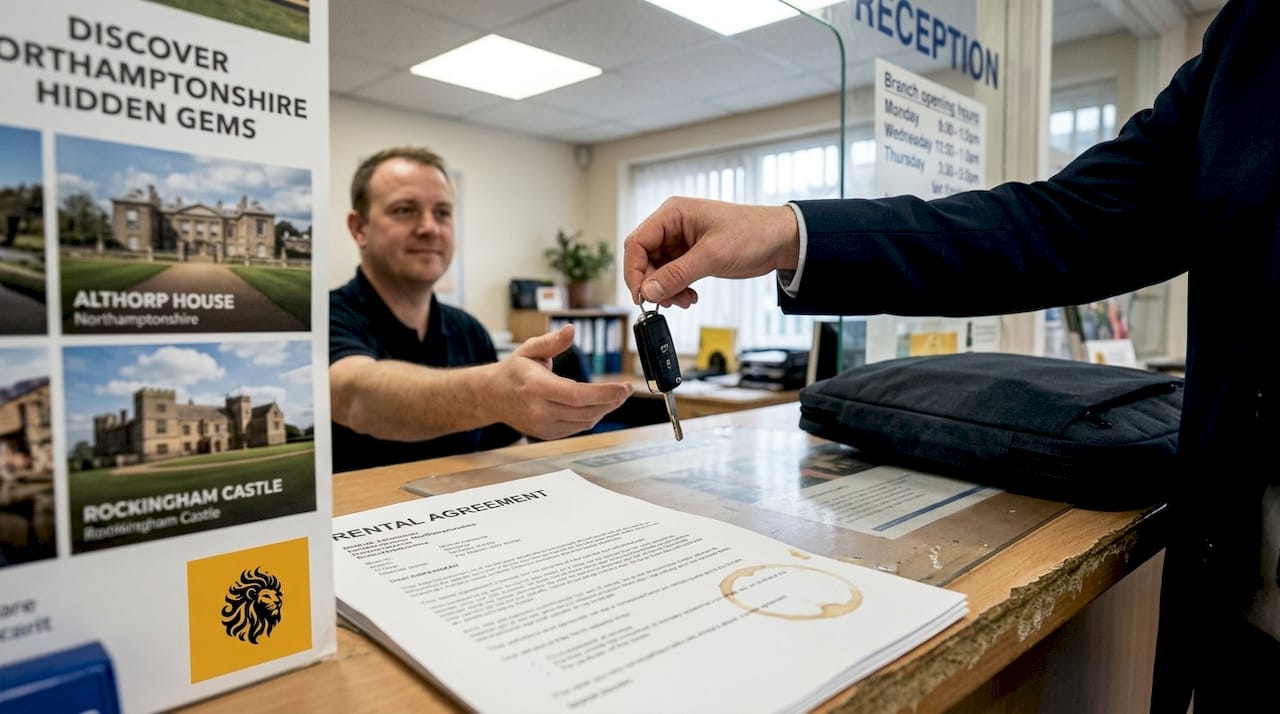 Businessperson returns car keys at rental desk