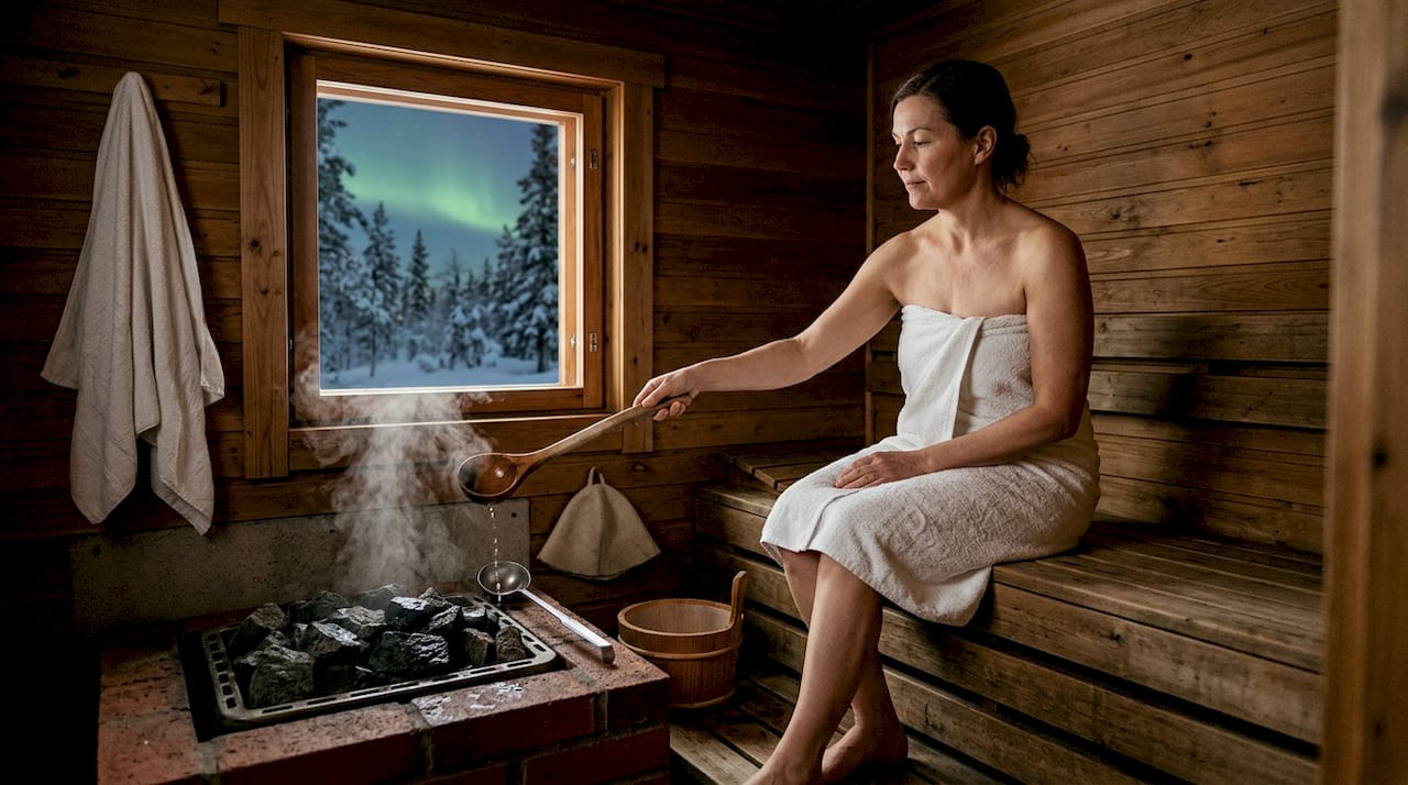Woman relaxing in Lapland sauna after outing
