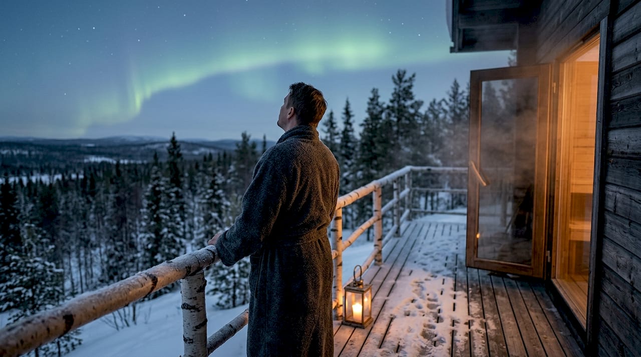 Sauna guest viewing aurora from terrace