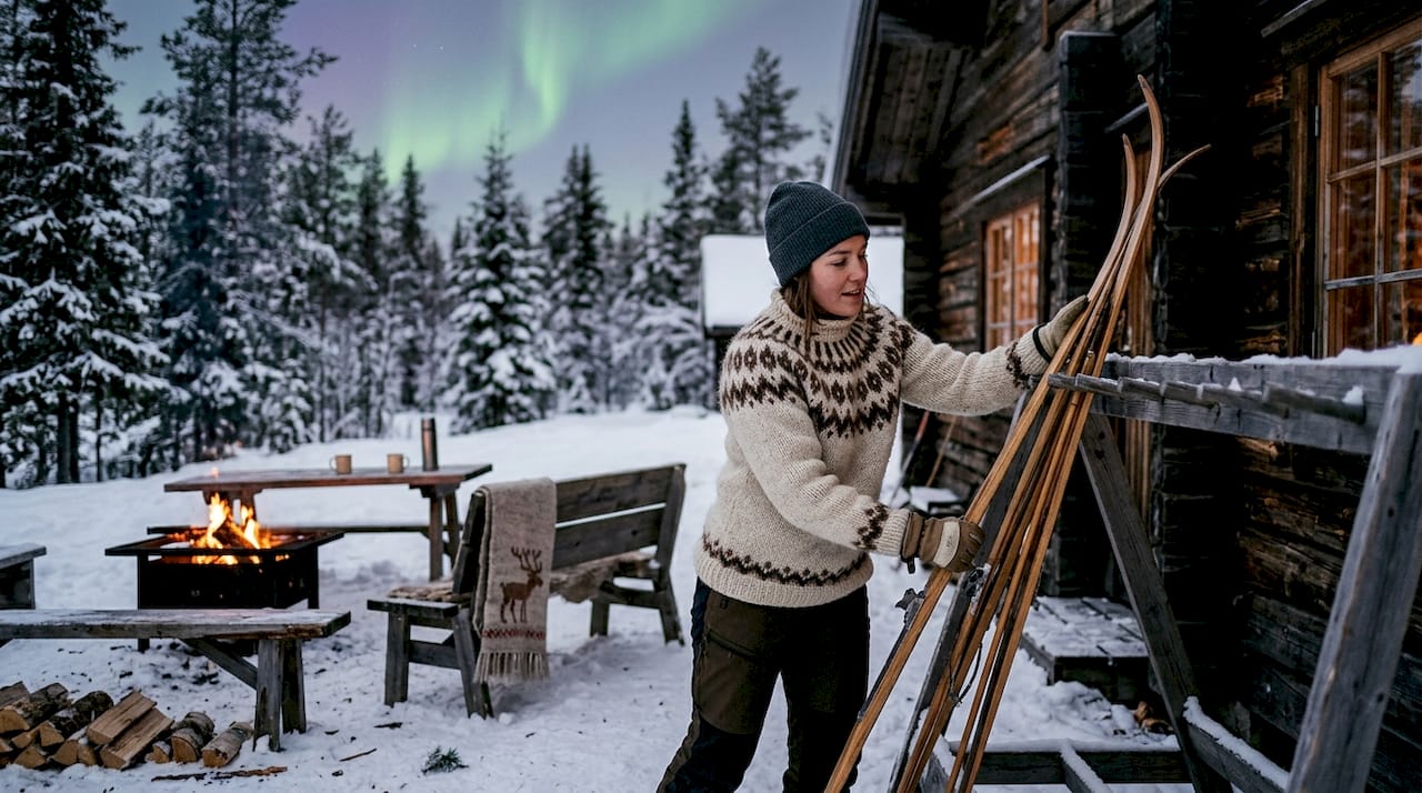 Resort staff preparing skis by snowy forest lodge