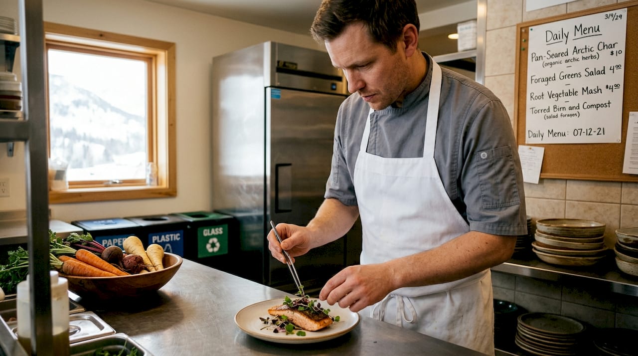Chef prepares organic meal in eco Arctic kitchen