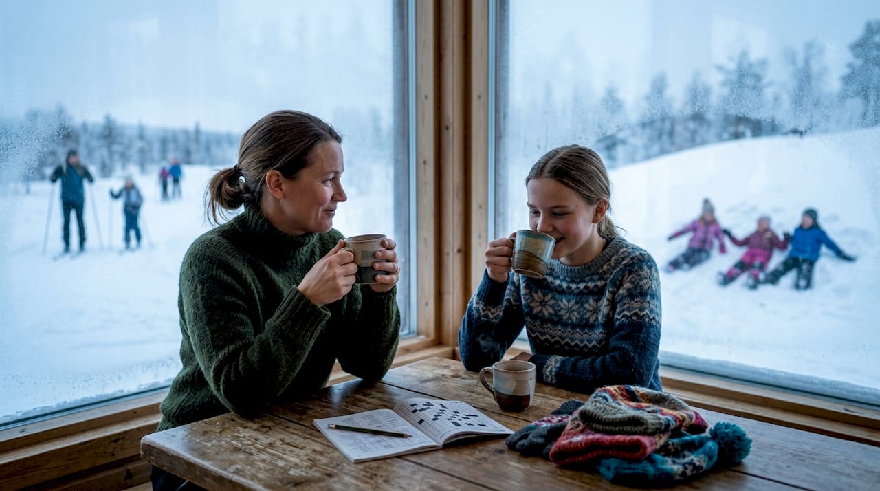 Family enjoying warm drinks after winter fun