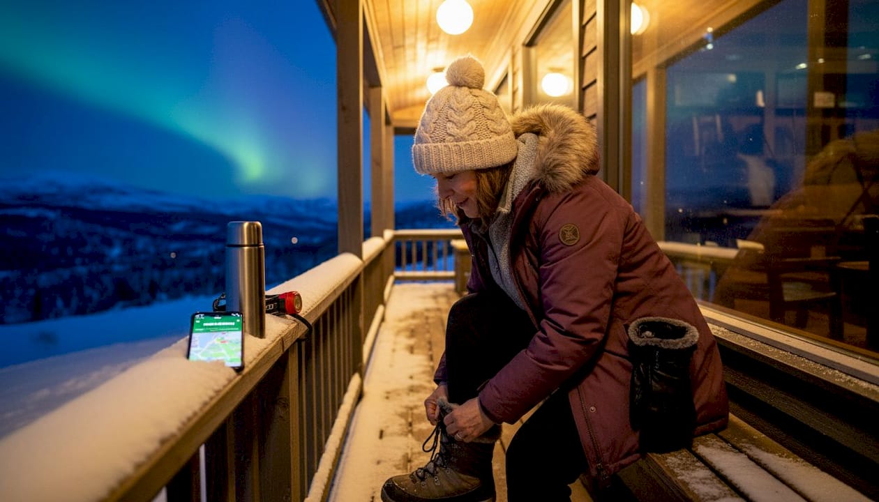 Woman prepares for aurora night outside lodge
