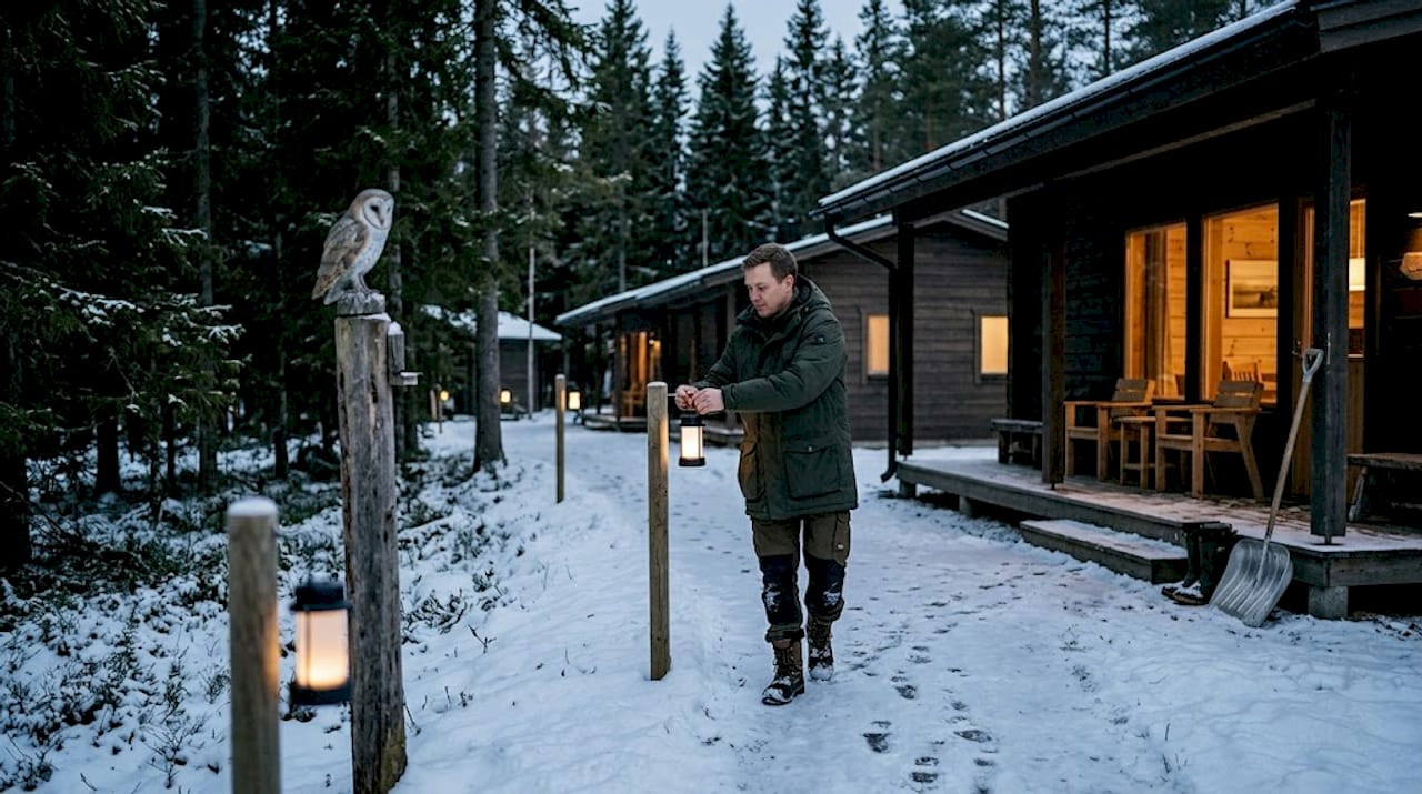 LED lanterns outside Lapland eco lodge in winter