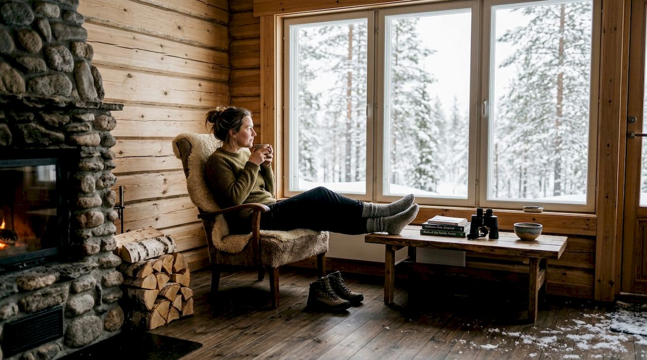 Private eco-cabin interior with forest view