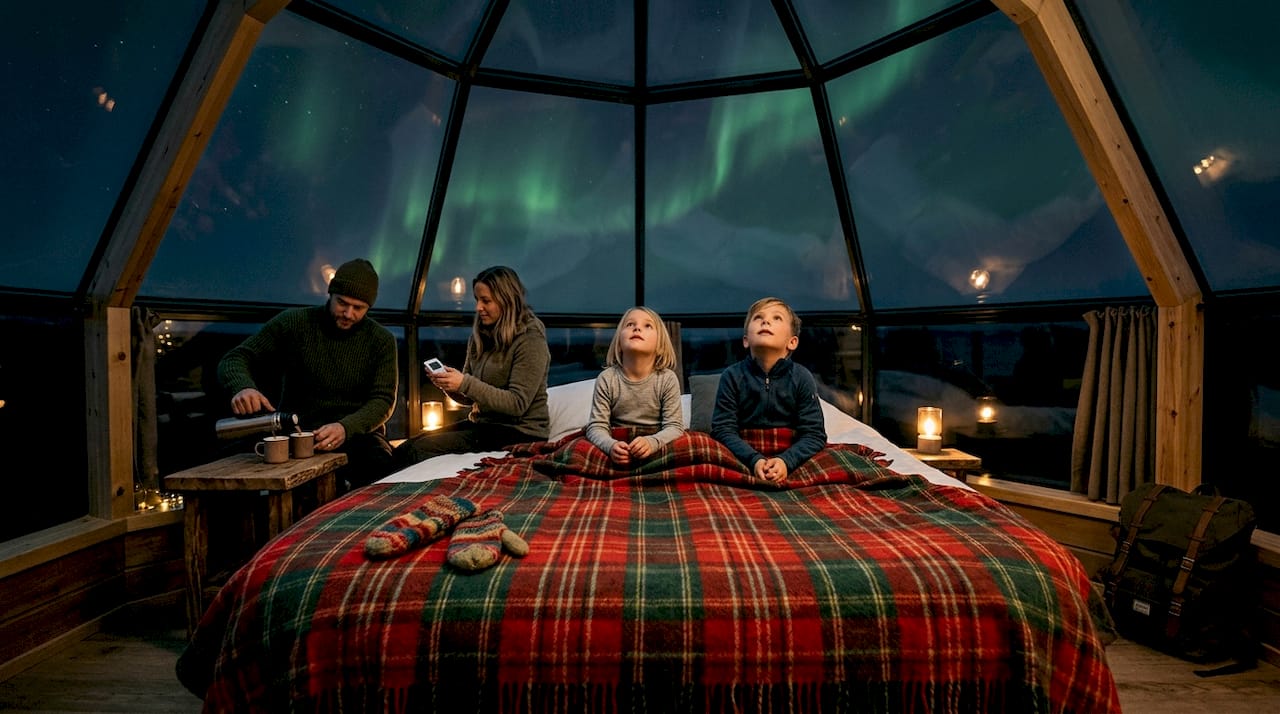 Family relaxes in glass igloo watching aurora