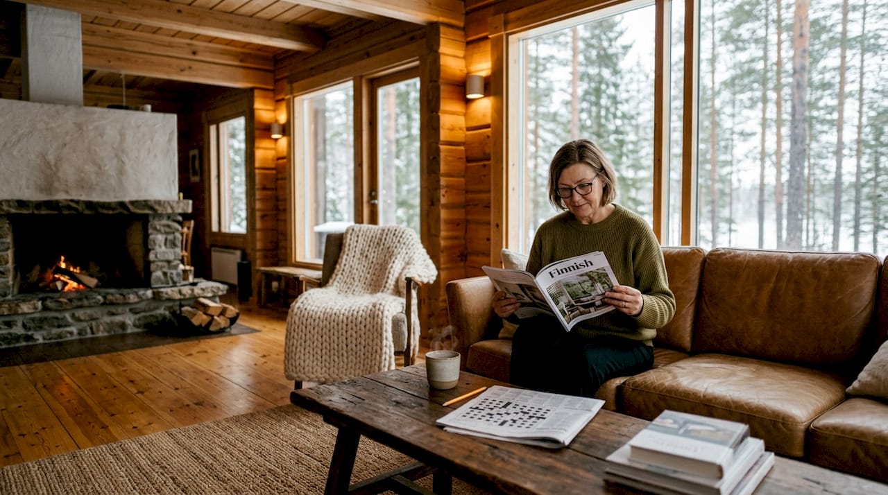 Guest relaxing in luxury Lapland log cabin