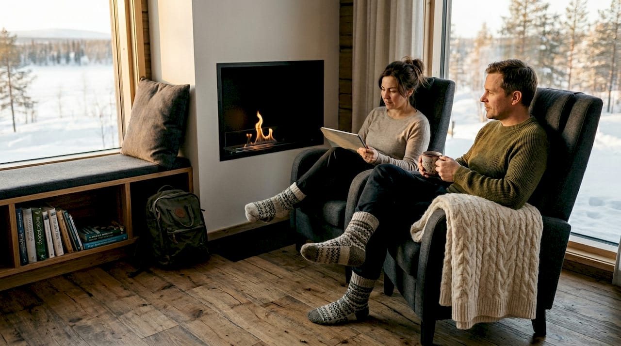 Couple relaxing in eco-friendly Lapland suite