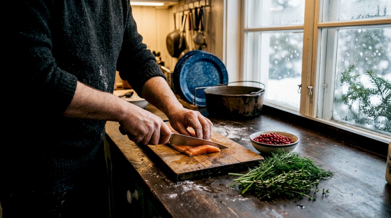 Lapland chef preparing wild fish with berries