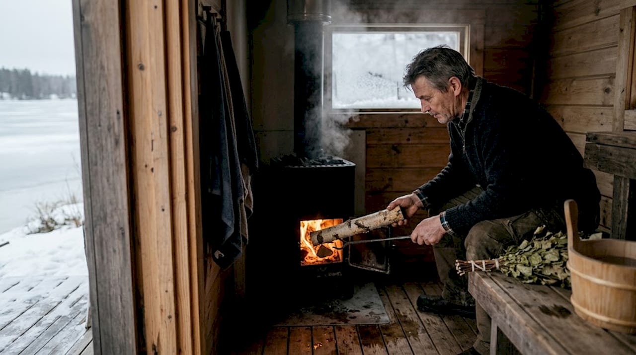 Man tending fire in Lapland sauna cabin