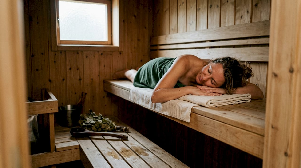 Woman relaxing inside traditional Finnish sauna
