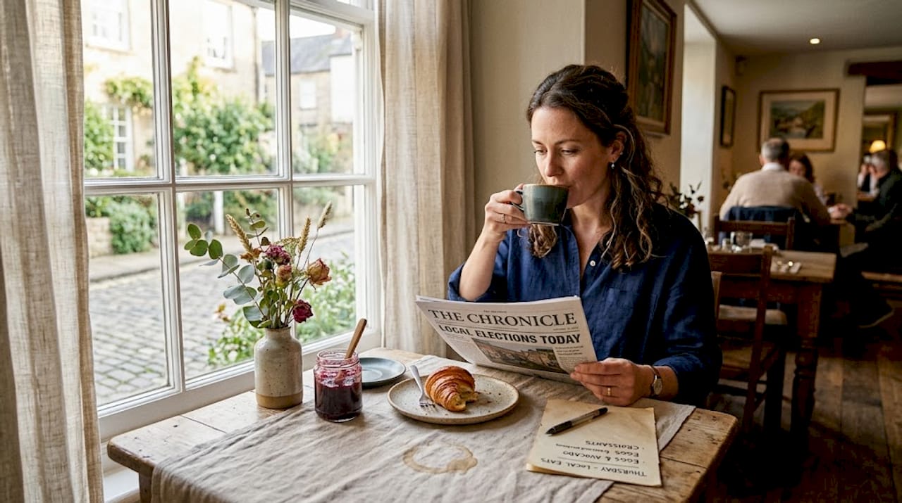 Boutique hotel guest enjoying relaxed breakfast