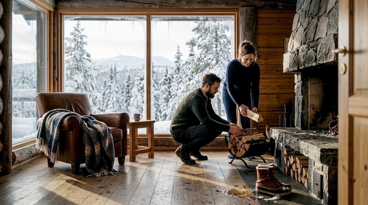 Couple arranging firewood in Pyhä lodge interior