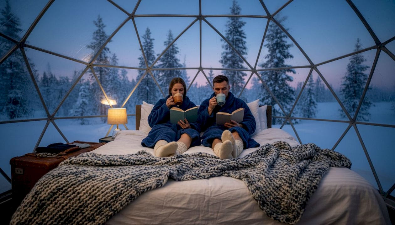 Couple relaxing inside glass igloo in Lapland