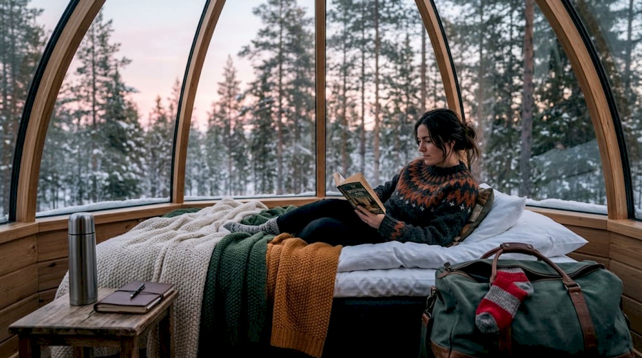 Traveler relaxing in glass igloo interior