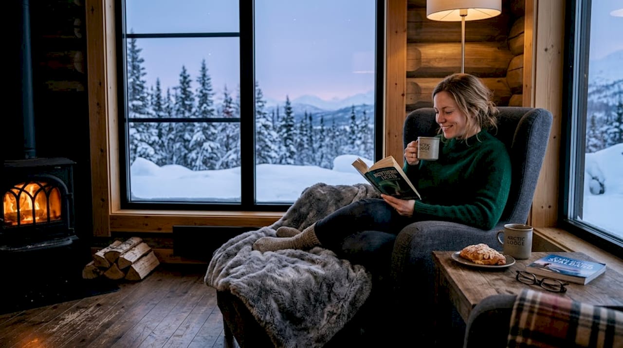 Woman reading in arctic lodge living area
