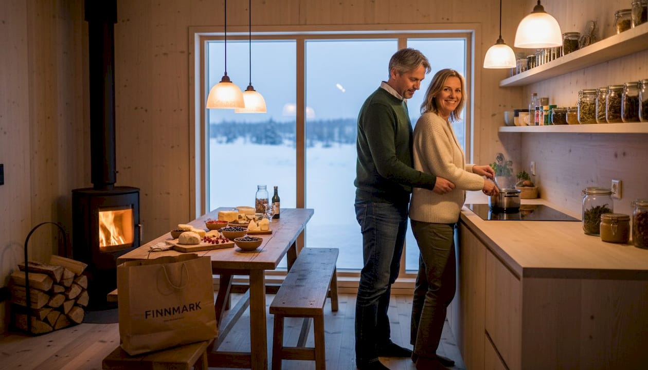 Couple cooking in sustainable Lapland cabin