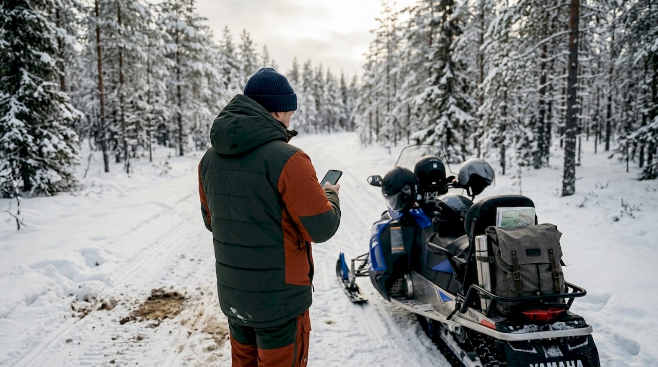 Lapland snowmobile guide preparing forest tour