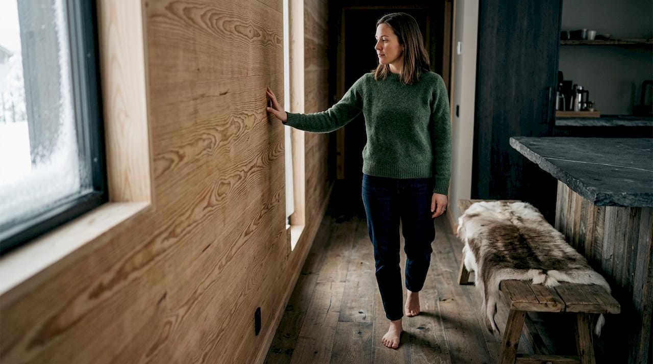 Designer touching birch wall and slate counter
