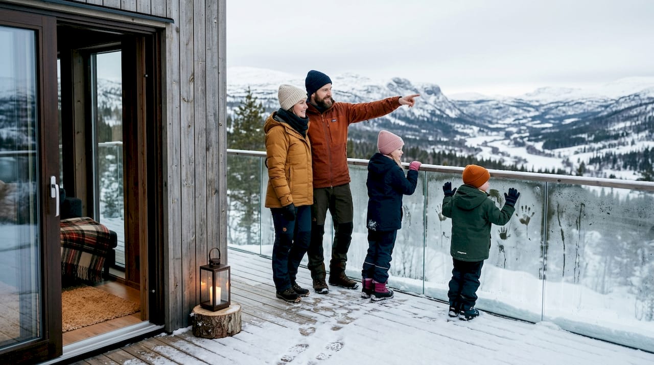 Family enjoying snowy view from cabin terrace