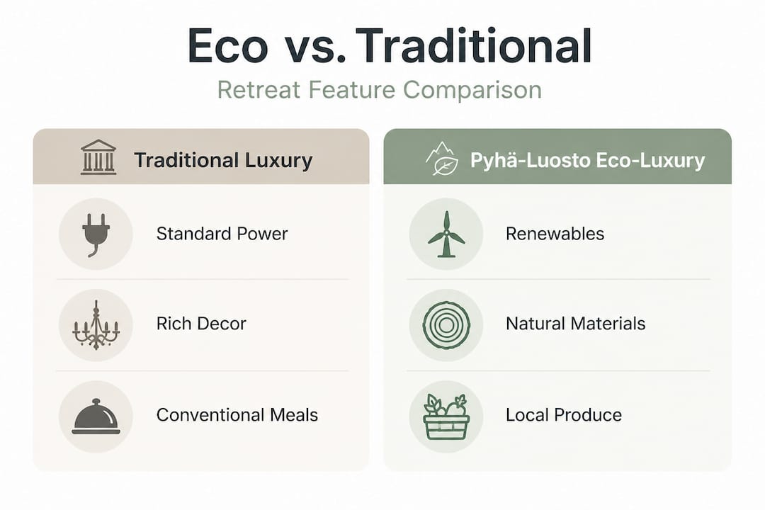 Infographic contrasting traditional and eco-luxury retreat features