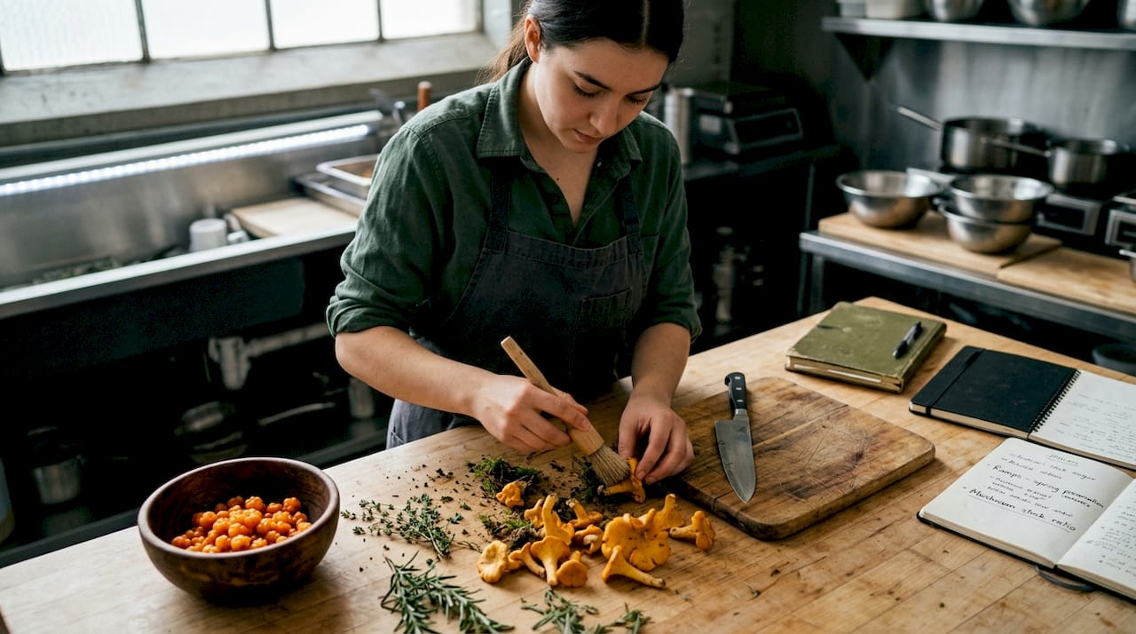 Sorting fresh local mushrooms and wild herbs