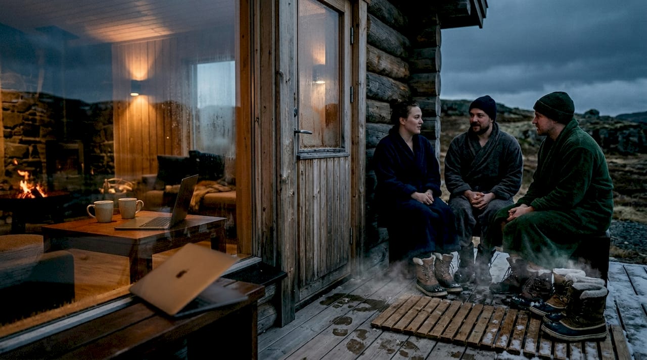 Colleagues relaxing outside sauna at arctic hotel
