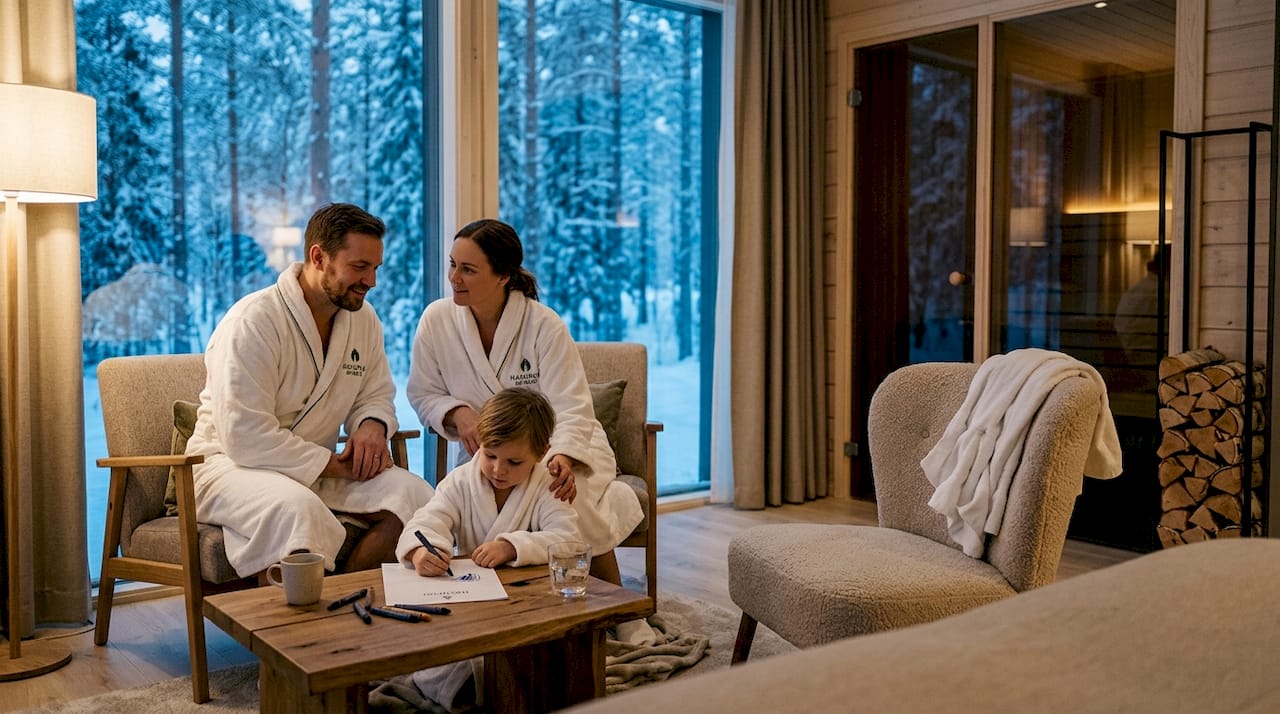 Family relaxing in Lapland spa lounge