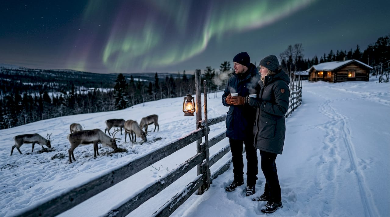 Couple watching reindeer under aurora borealis