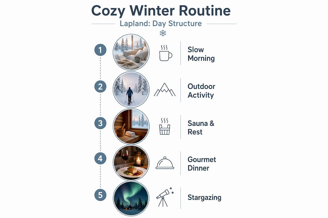 Infographic showing daily cozy Arctic winter routine