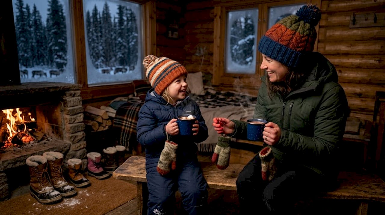 Family warming up after reindeer safari indoors