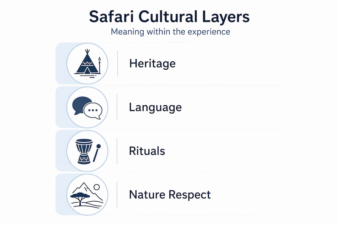 Vertical flow infographic outlining safari cultural elements
